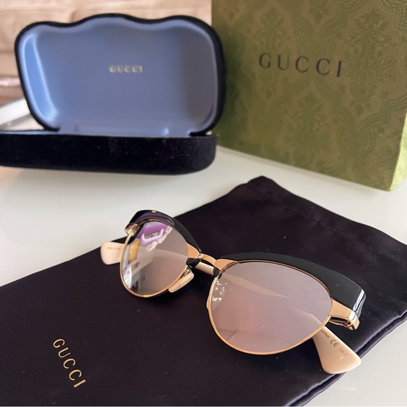 GUCCI GG1131S Interchangeable Cat-Eye Sunglass Gold Metal Frame 3 Clip-On Pieces - Picture 7 of 16